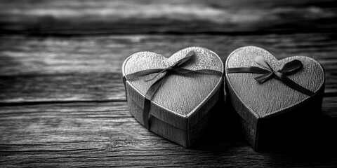 Two heart-shaped gift boxes placed on a wooden table