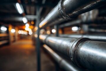 Industrial pipe system in a factory with blurry background