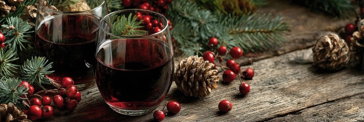 Festive drinks served in elegant glasses with natural decorations around for holiday celebration