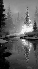 Winter scene with trees and river reflecting light at night