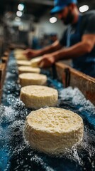 Cheese making process in a dairy facility with curds being submerged in water