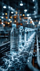 Water bottles moving along a conveyor belt in a busy factory during production hours