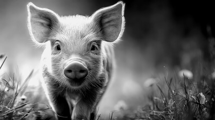 Young piglet walking happily through a grassy field