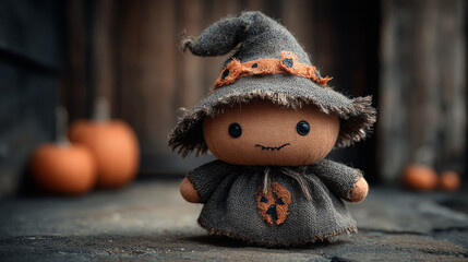 Small brown fuzzy witch-like figure sitting on a table with pumpkins  