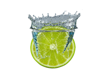 Vibrant lime slice plunging into clear liquid, creating a dynamic splash with suspended droplets and effervescent bubbles on transparent, refreshing vitality concept for beverage advertising