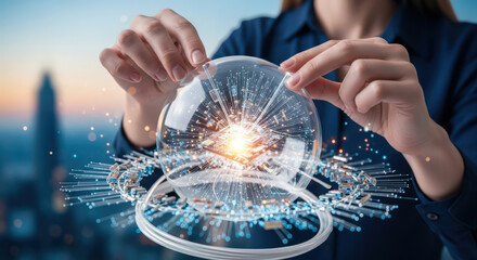 Hands Holding a Transparent Sphere Encasing a Microchip with Glowing Connections Symbolizing Innovation and Technological Advancement in a Futuristic Setting