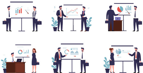 Business presentation scenes, data analysis, financial charts, pie graphs, bar graphs, office teamwork, corporate strategy, business meeting, professional discussion