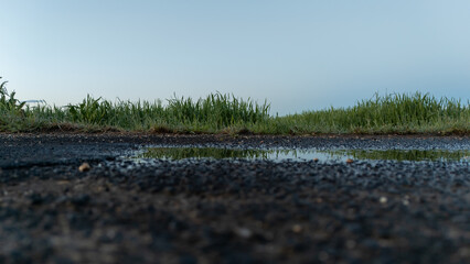 A puddle of water on a road with grass in the background