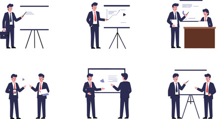 Business meeting illustrations, professional men in suits, office presentation, corporate discussion, teamwork, strategy planning, whiteboard, briefcase, laptop, report