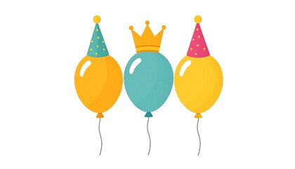 Three birthday balloons with party hats and crown