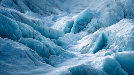 A close up view of a glacier with its icy formations and deep crevices under a bright sky