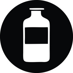 Simple black and white icon of a bottle with label inside a circle for medical or scientific use