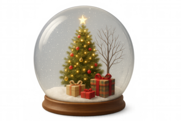 Festive christmas tree with glowing lights and gift boxes inside snow globe on transparent background