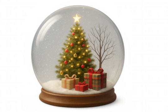 Festive christmas tree with glowing lights and gift boxes inside snow globe on transparent background