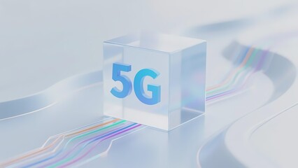 Transparent cube with 5G text and colorful data streams on a light background