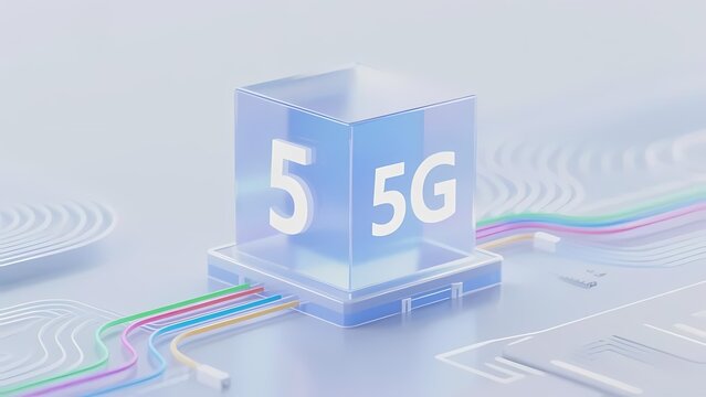 A transparent cube with '5G' text and colorful cables, representing next-generation wireless technology.