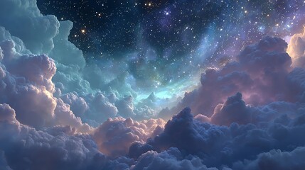 Dreamy Night Sky Above Fluffy Clouds: Mystical Atmosphere, Starry Wallpaper