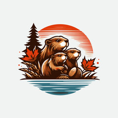 Canadian beaver family logo design, vector illustration Canadian icon logo design concept. Beaver day illustration. Beaver Mascot Logo, Cartoon Beaver Mascot. Beaver family illustration. 