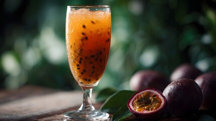 A vibrant glass of refreshing passion fruit juice filled with seeds sits on a rustic wooden table with fresh passion fruits nearby