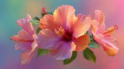 Elegant Peach Hibiscus Flowers, Tropical Floral Illustration, Soft Pastel Background
