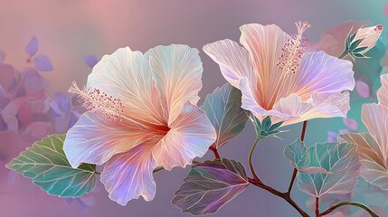 Elegant Hibiscus Flower Line Art: Pastel Peach & Purple Floral Illustration