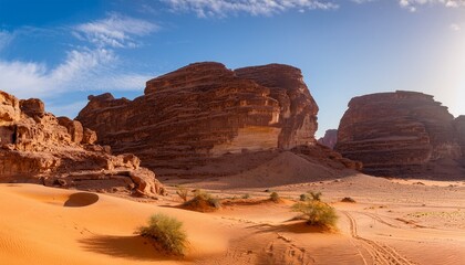 Fototapeta premium Rocky Desert Formations With Sand In Foreground Typical Landscape Of Al Ula Saudi Arabia High Resolution Panorama