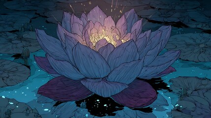 Glowing Purple Lotus Flower in Dark Water, Peaceful Spiritual Illustration