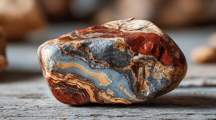 Close-up of Multicolored Jasper Stone on Rustic Wood Background