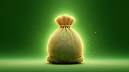 Glowing Yellow Money Bag, 3D Render, Green Background