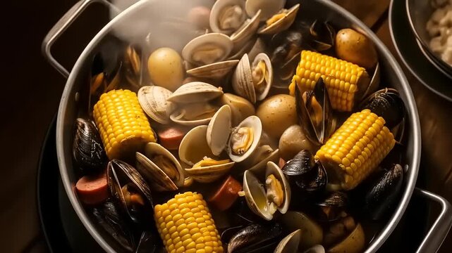 Steaming Seafood Boil with Corn, and Potatoes.