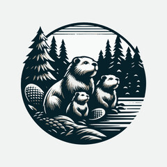 beaver in forest logo design, vector illustration Canadian icon logo design concept. Beaver day illustration. Beaver Mascot Logo, Cartoon Beaver Mascot. Beaver family illustration. 
