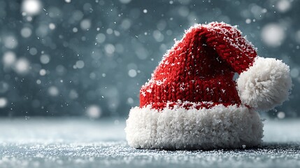 Snowy Red Santa Hat on Winter Background: Festive Christmas Photo
