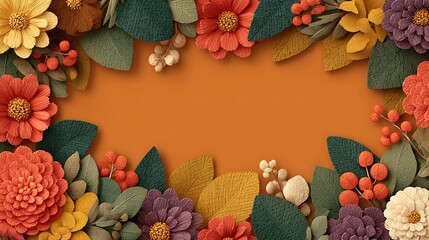 Autumn Floral Frame: 3D Render of Paper Flowers and Leaves Border, Orange Background