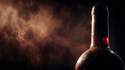 Close up of a wet wine bottle with rising mist captured in dramatic studio lighting