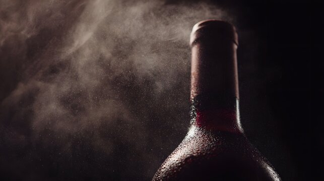 Close up of a dark red wine bottle with condensation and rising mist against a black background - Powered by Adobe