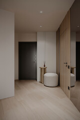A contemporary hallway with a sleek dark door, natural wood elements, and a plush ottoman, creating a calm and inviting atmosphere in a modern home.