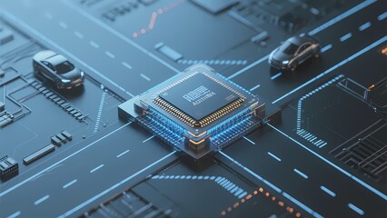 Digital highway with integrated circuit chip and vehicles on a futuristic road network