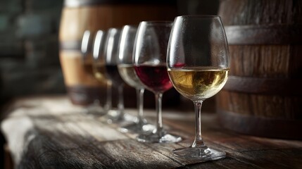 Naklejka premium A row of wine glasses filled with red and white wine sits on a rustic wooden table in front of aged barrels in a cellar