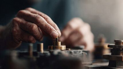 Hands meticulously assembling intricate clockwork. Symbolizing precision, craftsmanship, and expertise. Perfect for illustrating engineering or horology concepts.