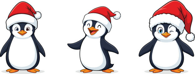Adorable cartoon penguins wearing Santa hats, festive holiday characters, cute Christmas penguin illustration, winter celebration animals, funny holiday pets artwork