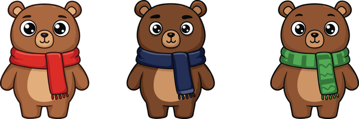 Adorable cartoon bears wearing colorful scarves, cute winter bear characters, festive holiday animals illustration, warm cozy teddy bear artwork