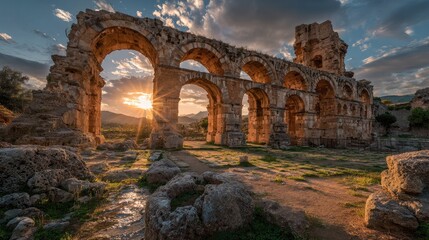 Ancient stone arches, sunset rays, ruins