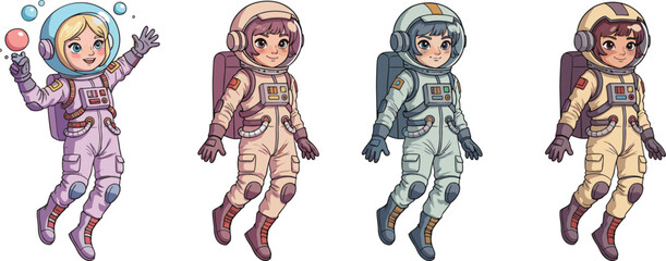 Cartoon astronauts in colorful spacesuits, cute space children illustration, kids in astronaut costume, cosmic adventure art, space exploration characters, vector design