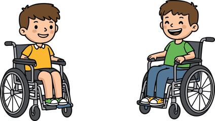 Cartoon boys in wheelchair smiling, disabled children illustration, happy kids with disability, accessibility design, inclusive lifestyle, diversity artwork, healthcare concept, vector