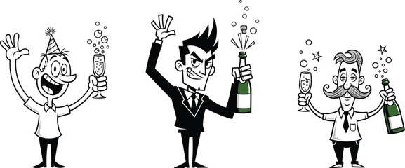 Cartoon characters celebrating with champagne, cheerful man in party hat, stylish businessman popping bottle, vintage gentleman with mustache.
