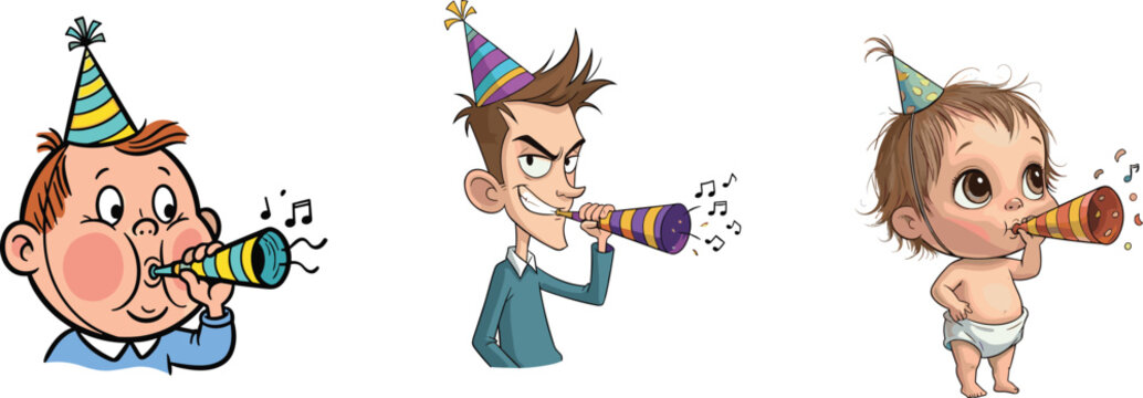 Naklejki Cartoon characters with party hats and blowers, funny kids and man celebrating birthday, festive illustration, joyful holiday celebration artwork
