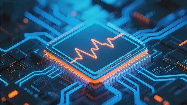 Close-up of a microchip with glowing circuitry and waveform display