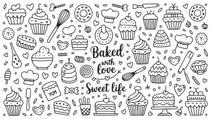 Collection of hand-drawn baking illustrations including cakes cupcakes and other sweets representing a sweet life and homemade goodness