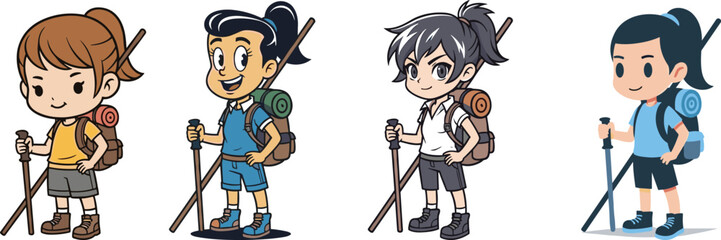 Cartoon hikers children, cute kids hiking with backpack and trekking pole, outdoor adventure, summer camping, exploration, travel, mountain journey illustration