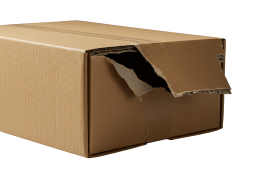A torn brown corrugated shipping box revealing fibrous interior, isolated on transparent with shadow under dramatic raking studio light, texture detail concept.
